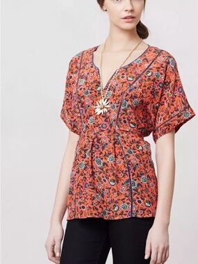 Maeve Anthropologie Top Sz M 100% Silk Maes Kimono Tie Back Blouse Floral